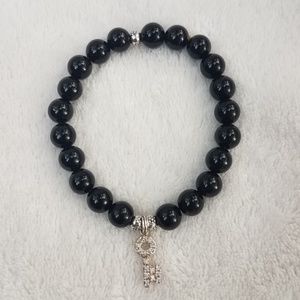 Black onyx with sterling silver key charm bracelet